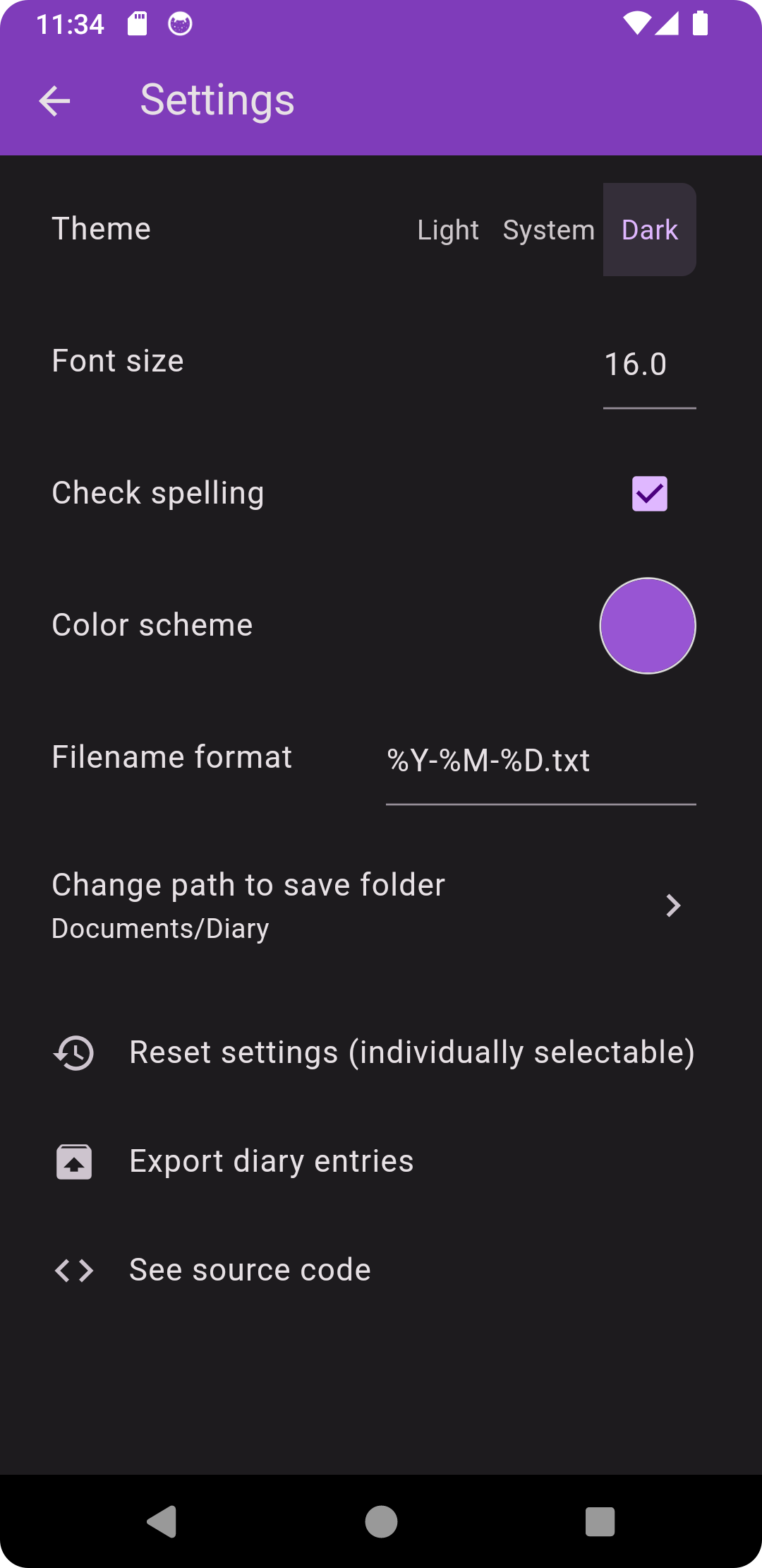 Screenshot of the settings page on Daily Diary