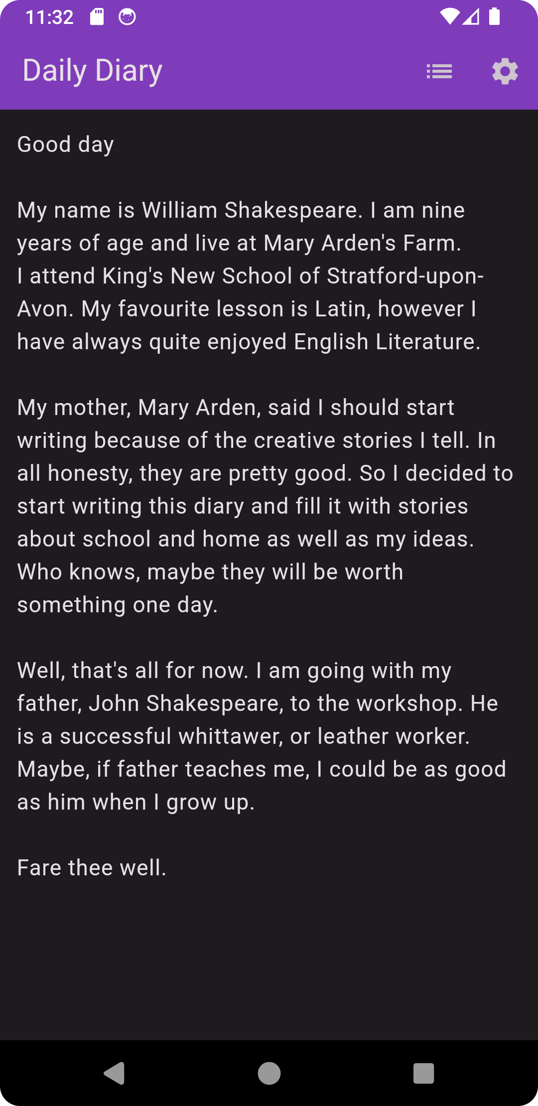 Screenshot of the Daily Diary mobile app open on one of Shakespeare's diary entries.